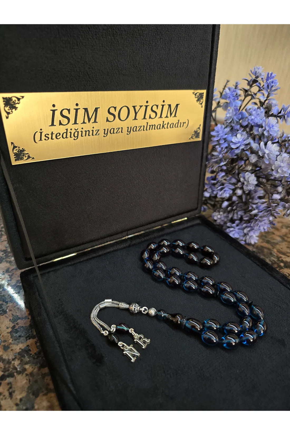 Ateş Kehribar Tesbih 925 ayar Gümüş Püskül, Harfli Kişiye Özel Seri, Usta İşi Sıkma Tespih