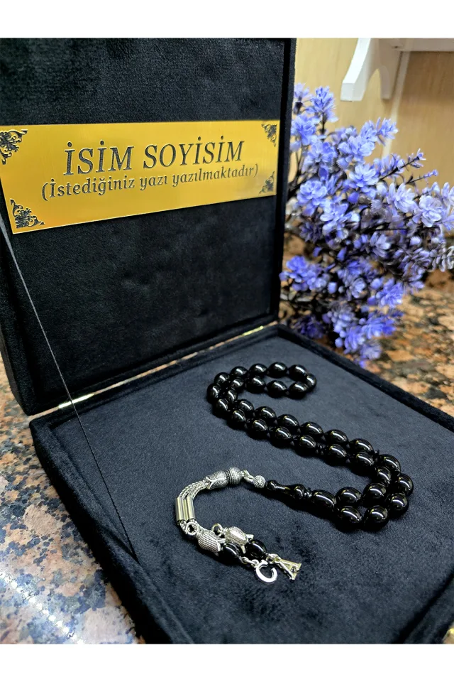 Ateş Kehribar Tesbih , Kişiye Özel Tesbih , Sıkma Kehribar Tesbih , Usta İşi Tespih  Gümüş kaplama - Siyah