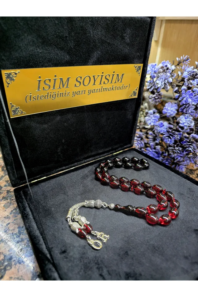 Ateş Kehribar Tesbih , Kişiye Özel Tesbih , Sıkma Kehribar Tesbih , Usta İşi Tespih  Gümüş kaplama - Kırmızı Siyah
