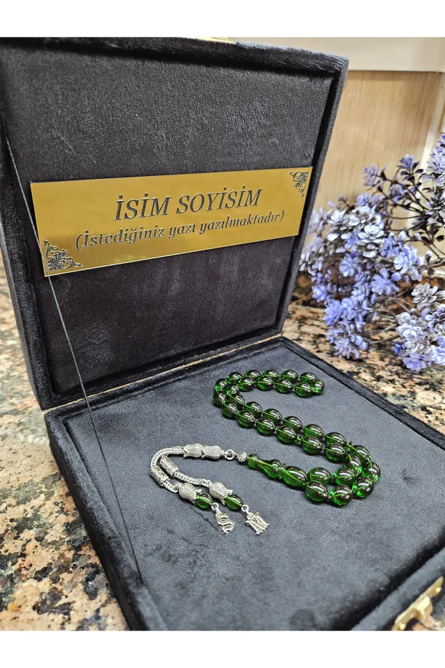 Ateş Kehribar Tesbih , Kişiye Özel Tesbih , Sıkma Kehribar Tesbih , Usta İşi Tespih  Gümüş kaplama - KOYU Yeşil