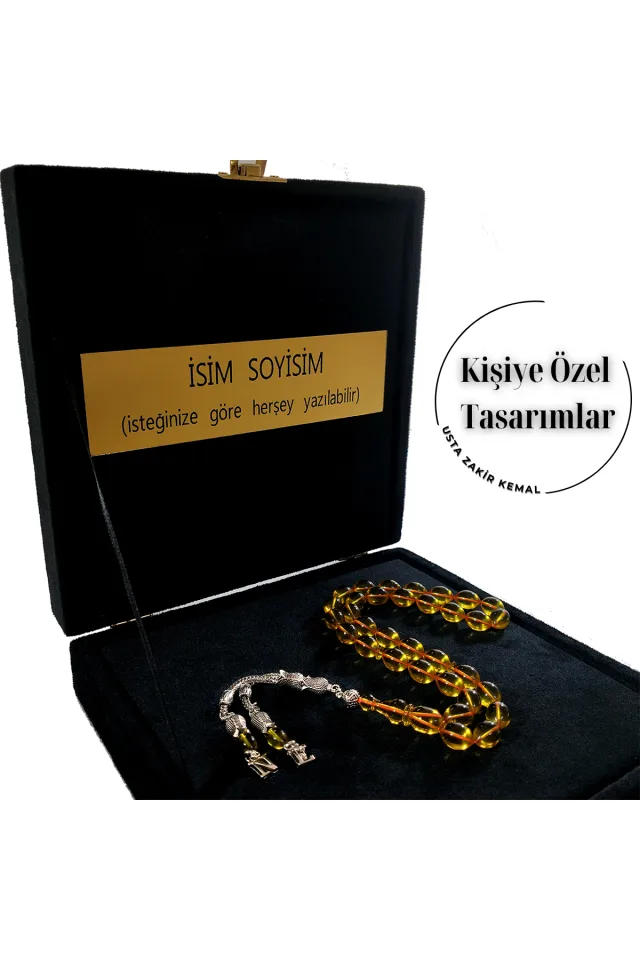 Ateş Kehribar Tesbih, Kişiye Özel Tesbih, Sıkma Kehribar Tesbih, Usta İşi Tespih  Gümüş kaplama - SARI