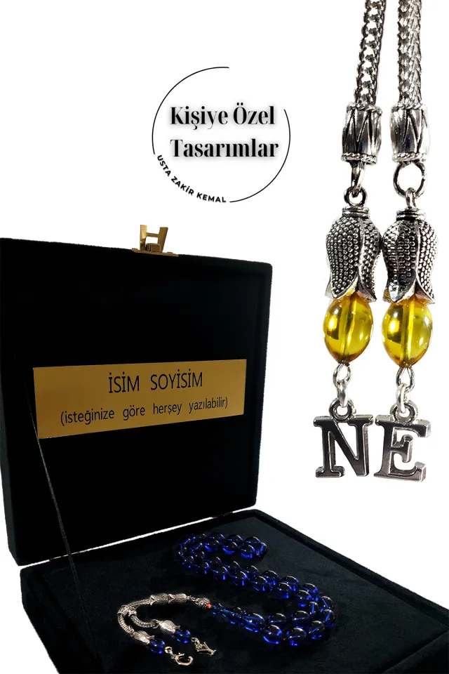 Ateş Kehribar Tesbih, Kişiye Özel Tesbih, Sıkma Kehribar Tesbih, Usta İşi Tespih  Gümüş kaplama - LACİVERT