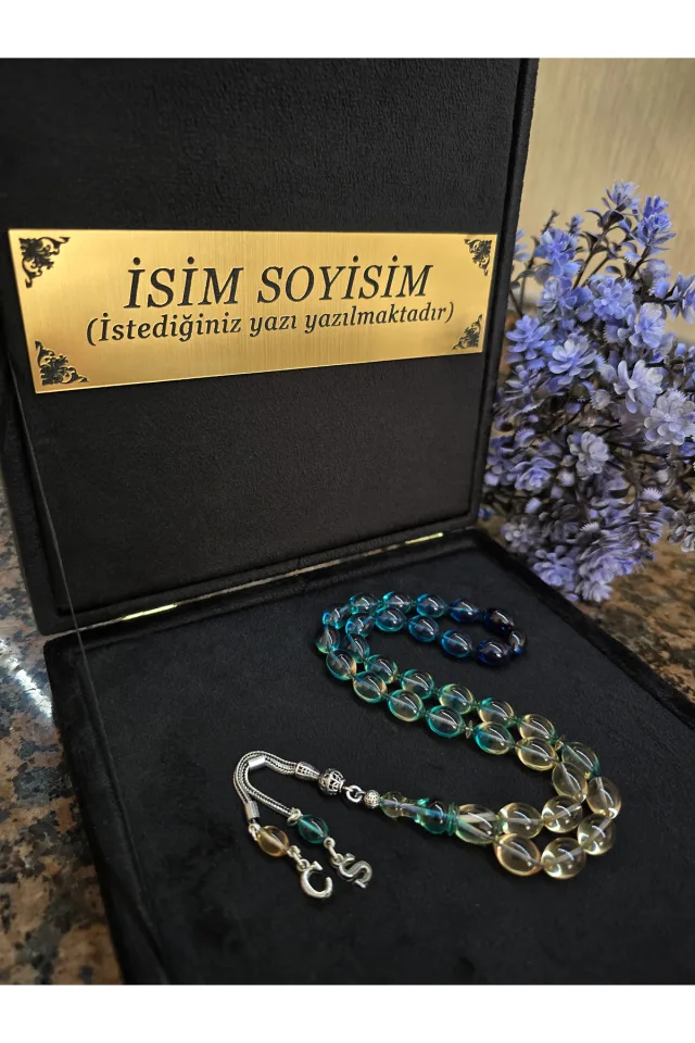 Ateş Kehribar Tesbih 925 ayar Gümüş Püskül , Harfli Kişiye Özel Seri , Usta İşi Sıkma Tespih - Mavi-Şeffaf