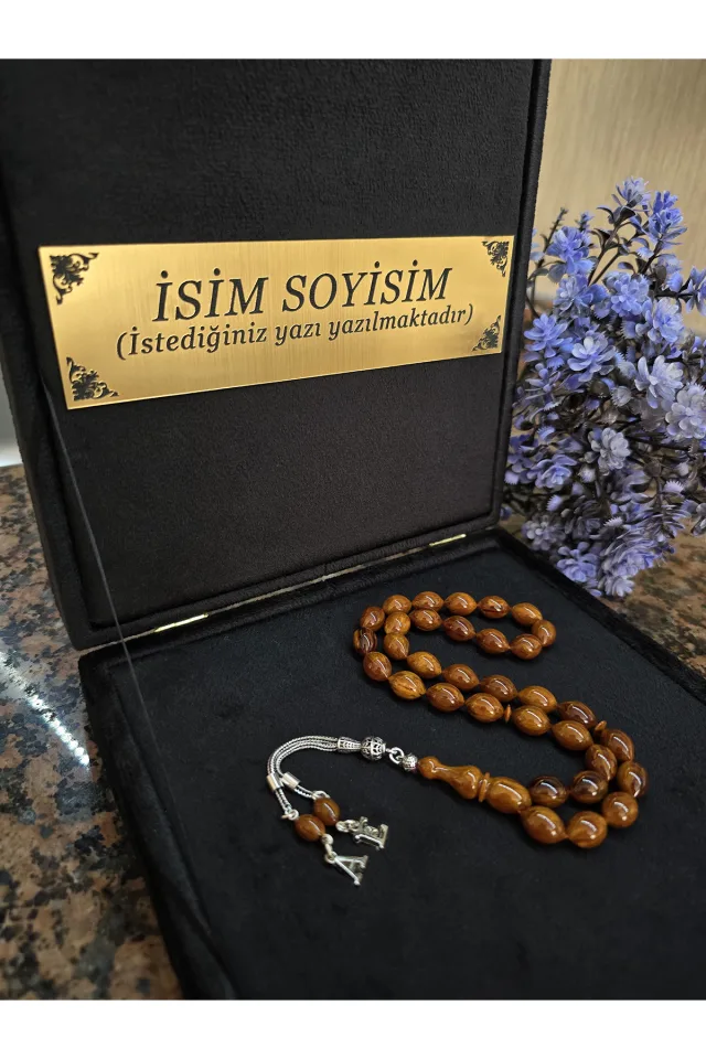 Ateş Kehribar Tesbih 925 ayar Gümüş Püskül , Harfli Kişiye Özel Seri , Usta İşi Sıkma Tespih - KARAMEL