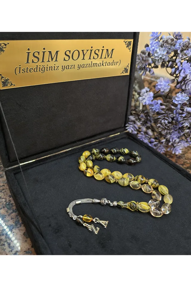 Ateş Kehribar Tesbih 925 ayar Gümüş Püskül , Harfli Kişiye Özel Seri , Usta İşi Sıkma Tespih - Sarı-Siyah-Şeffaf