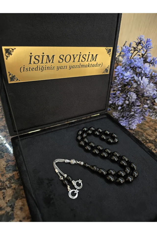 Ateş Kehribar Tesbih 925 ayar Gümüş Püskül, Harfli Kişiye Özel Seri, Usta İşi Sıkma Tespih - SİYAH