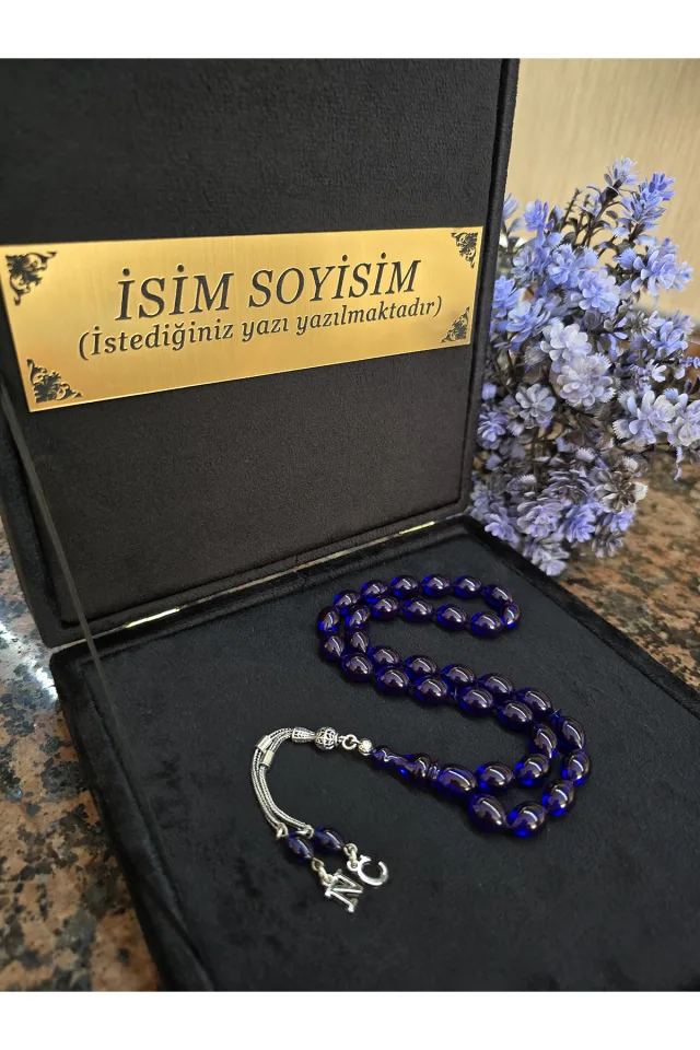Ateş Kehribar Tesbih 925 ayar Gümüş Püskül, Harfli Kişiye Özel Seri, Usta İşi Sıkma Tespih - LACİVERT