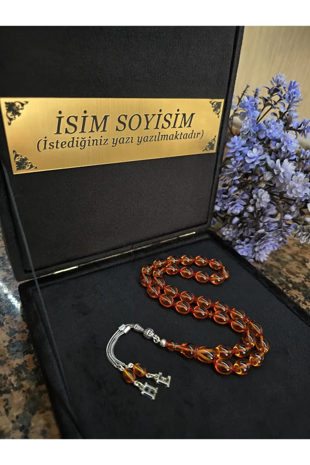 Ateş Kehribar Tesbih 925 ayar Gümüş Püskül, Harfli Kişiye Özel Seri, Usta İşi Sıkma Tespih - BAL SARISI