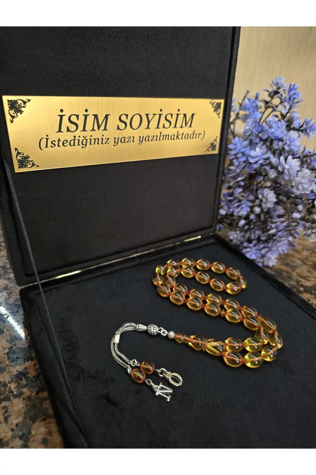 Ateş Kehribar Tesbih 925 ayar Gümüş Püskül, Harfli Kişiye Özel Seri, Usta İşi Sıkma Tespih - SARI