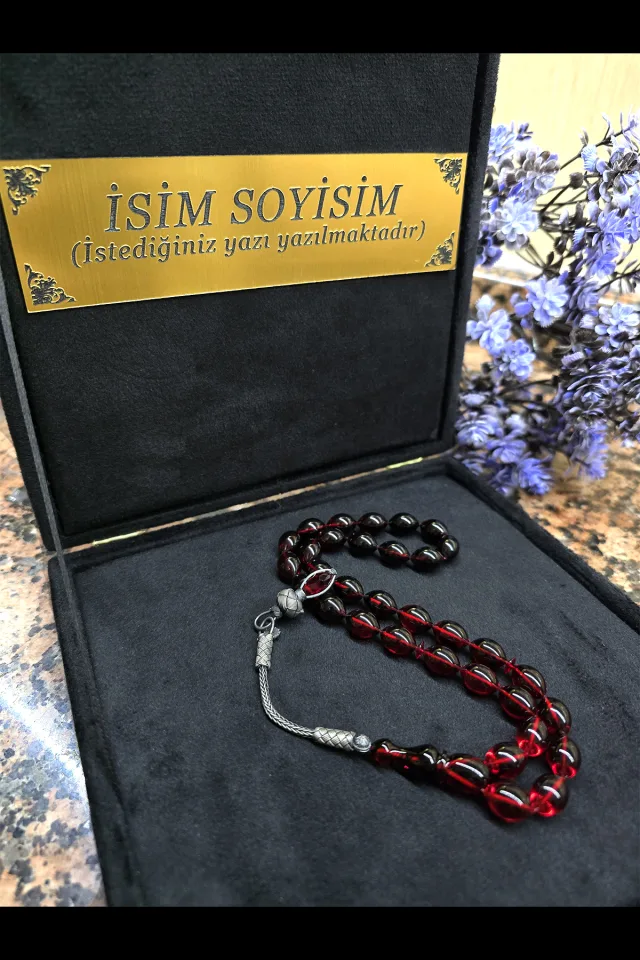 ATEŞ KEHRİBAR TESBİH KAZAZİYE GÜMÜŞ PÜSKÜL , Kişiye Özel Sıkma Kehribar Tespih - Kırmızı SİYAH