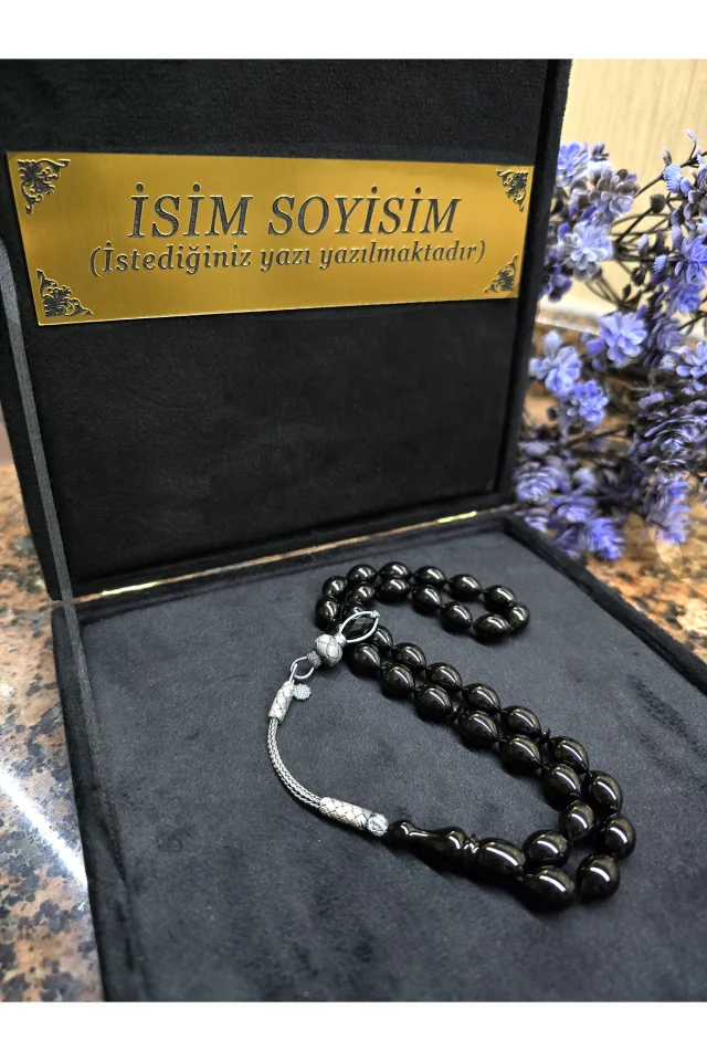 ATEŞ KEHRİBAR TESBİH KAZAZİYE GÜMÜŞ PÜSKÜL , Kişiye Özel Sıkma Kehribar Tespih - Siyah