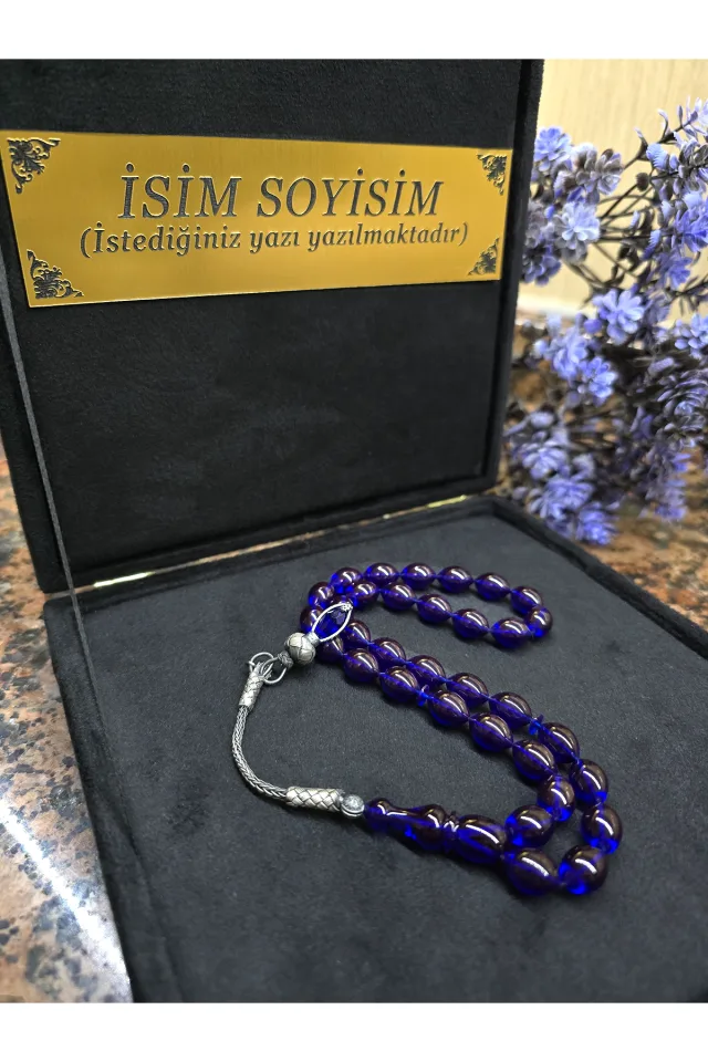 ATEŞ KEHRİBAR TESBİH KAZAZİYE GÜMÜŞ PÜSKÜL , Kişiye Özel Sıkma Kehribar Tespih - Lacivert