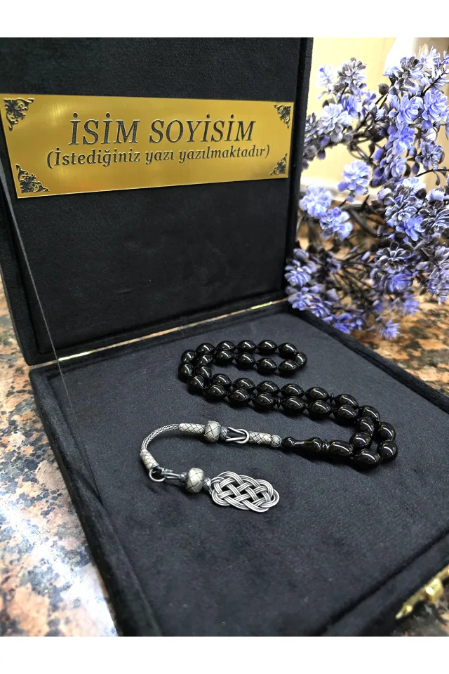 ATEŞ KEHRİBAR TESBİH KAZAZİYE GÜMÜŞ PÜSKÜL, Kişiye Özel Sıkma Kehribar Tespih - Siyah KAZAZİYE
