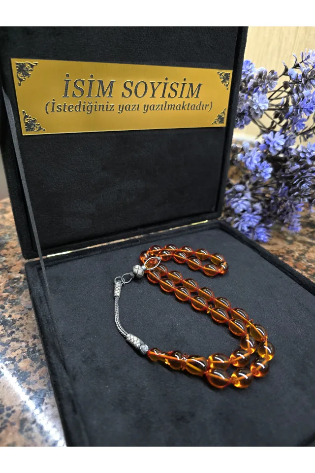 ATEŞ KEHRİBAR TESBİH KAZAZİYE GÜMÜŞ PÜSKÜL, Kişiye Özel Sıkma Kehribar Tespih - BAL SARISI