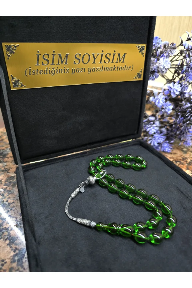 ATEŞ KEHRİBAR TESBİH KAZAZİYE GÜMÜŞ PÜSKÜL, Kişiye Özel Sıkma Kehribar Tespih - YEŞİL