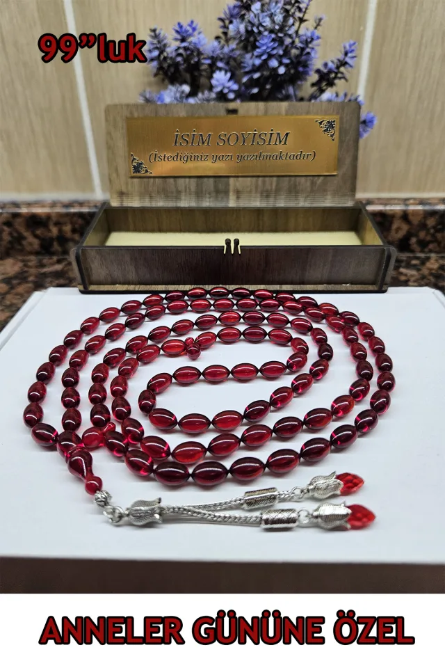 99 lu Namaz Tesbih , Ateş Kehribar Tesbih , Sıkma Kehribar Zirkon Taşlı Gümüş Kaplama - Koyu Kırmızı