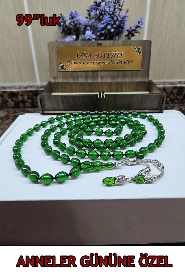 99 lu Namaz Tesbih , Ateş Kehribar Tesbih , Sıkma Kehribar Zirkon Taşlı Gümüş Kaplama - Yeşil