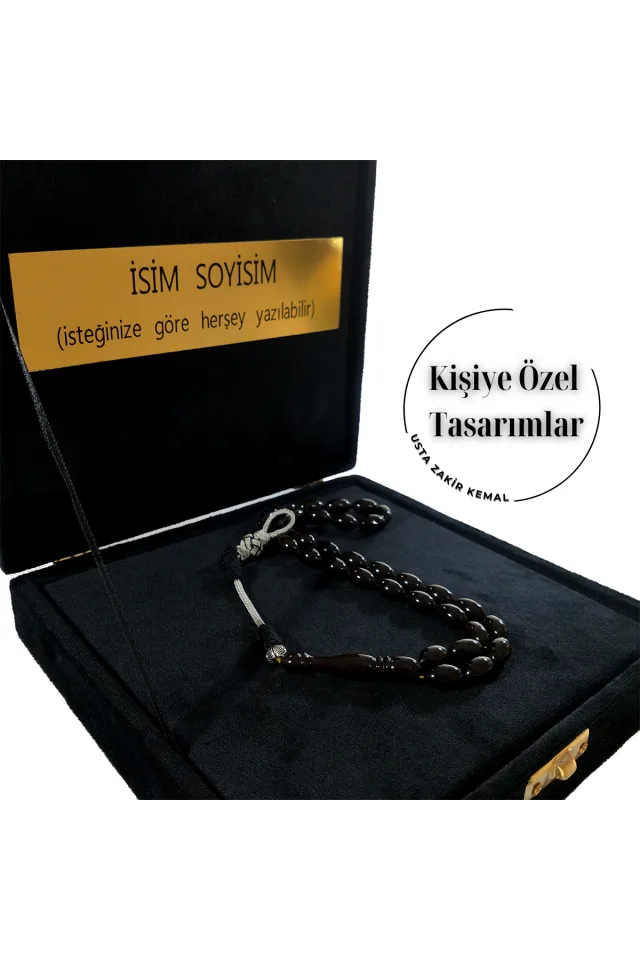 Ateş Kehribar Tesbih , Kazaz Püsküllü Kişiye Özel , Sıkma Kehribar Usta işi Tesbih - Siyah