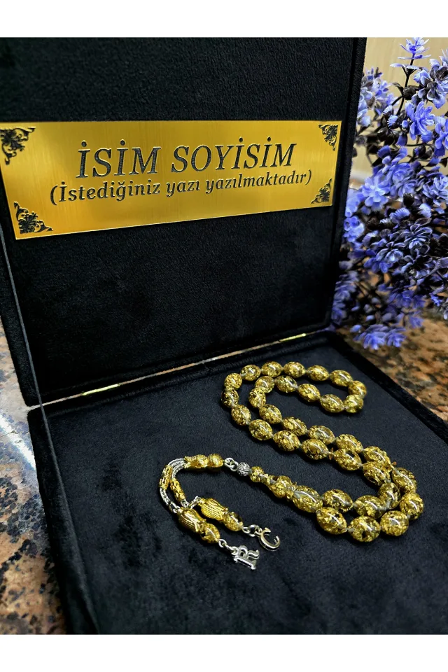Altın Parçacıklı Tesbih Kadife Kutulu ve Harfli Arnavut Model Püskül Kişiye Özel Tasarım - Koyu Altın
