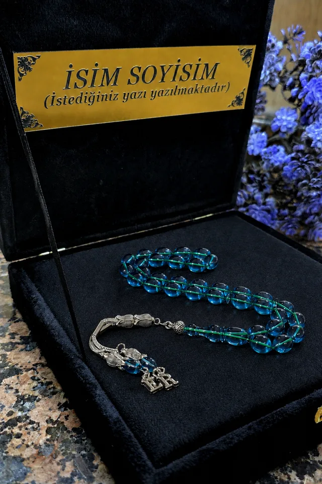 Ateş Kehribar Tesbih, Kişiye Özel Tesbih, Sıkma Kehribar Tesbih, Usta İşi Tespih  Gümüş kaplama - MAVİ