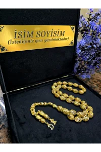 Altın Parçacıklı Tesbih Kadife Kutulu ve Harfli Arnavut Model Püskül Kişiye Özel Tasarım